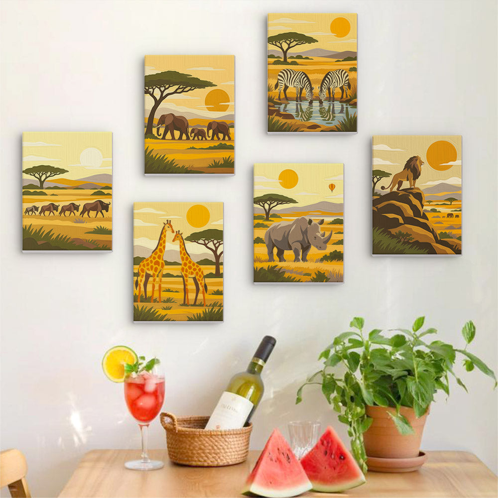 Six finished Safari Sunset mini paintings hung on a wall above a table