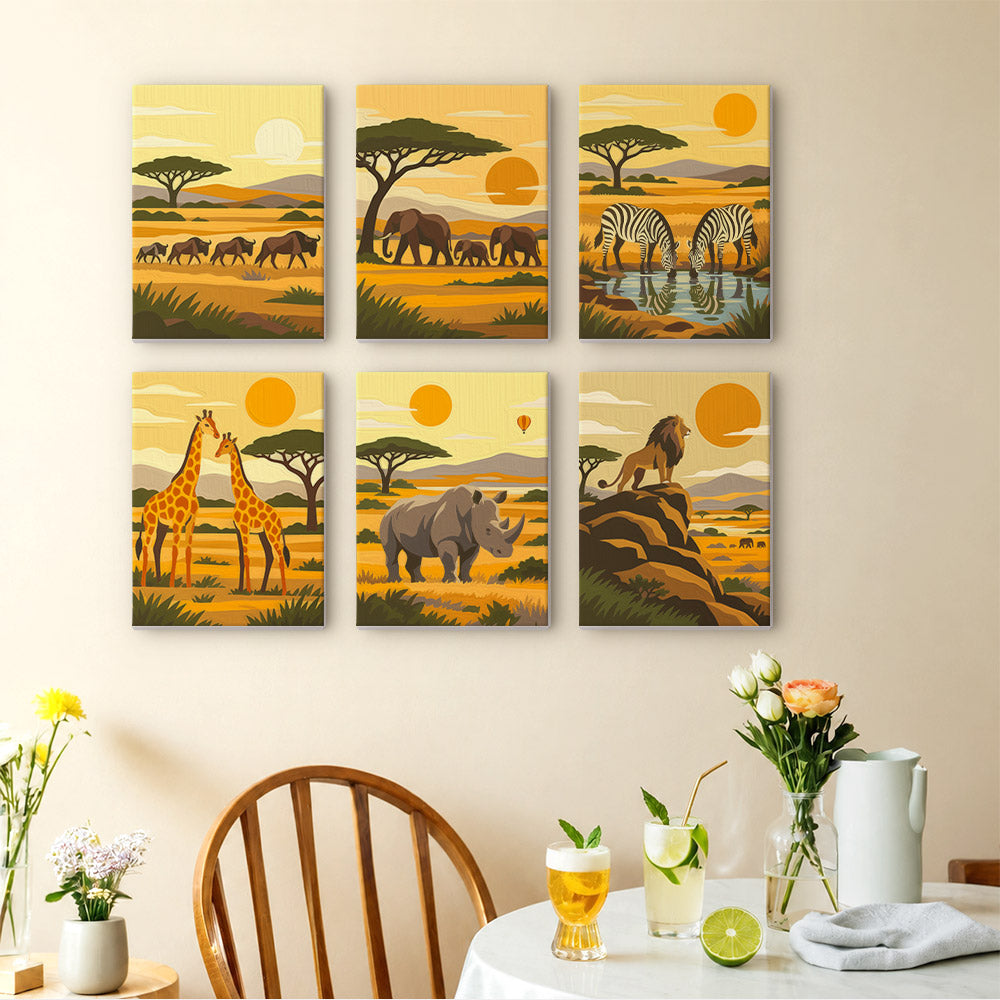 Safari Sunset mini paintings displayed as a gallery wall in a sunny kitchen