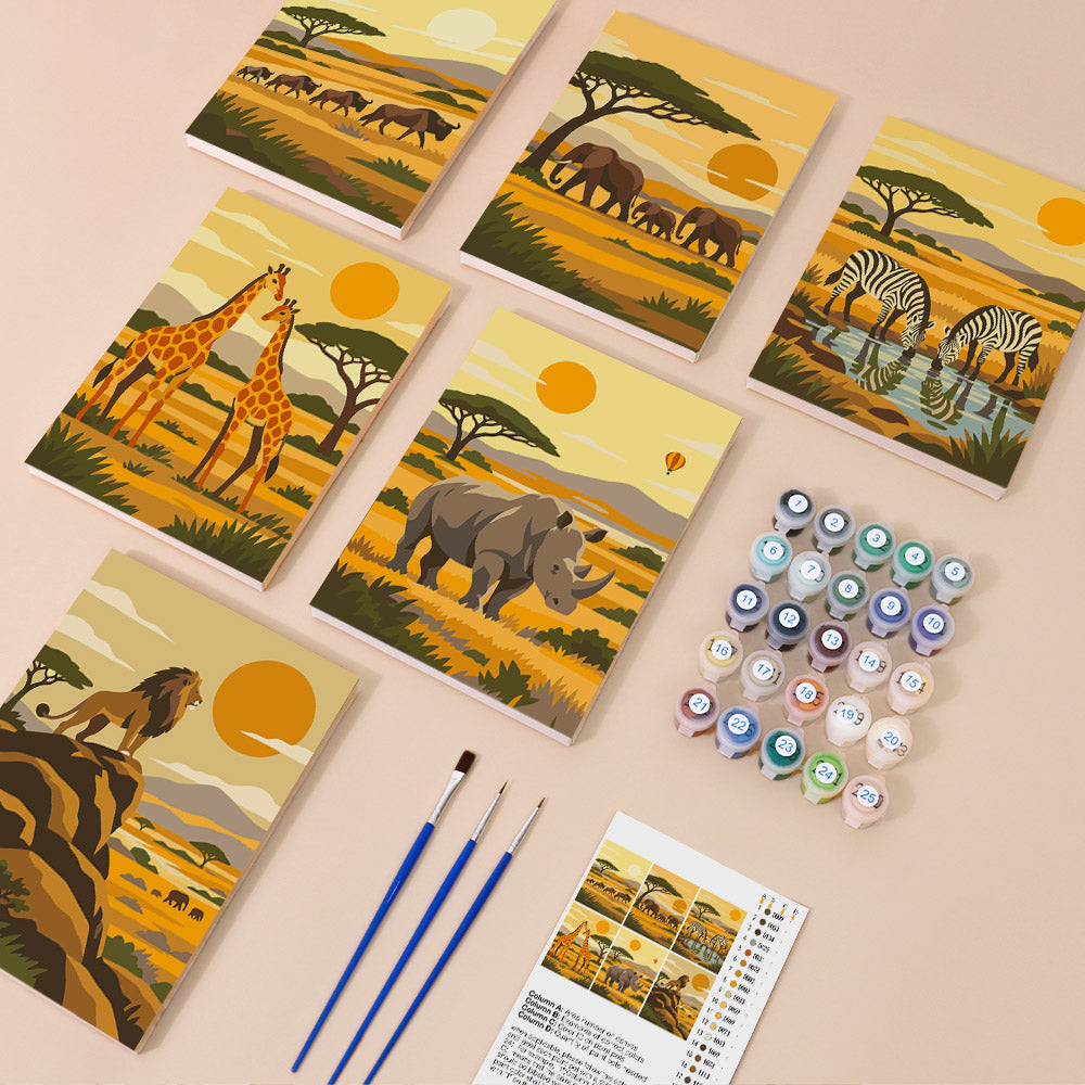 Safari Sunset mini paint by numbers kit with six numbered canvases, acrylic paints, brushes and layout