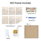 What's included without a frame: six rolled Safari Sunset mini canvases, acrylic paints, three brushes and layout