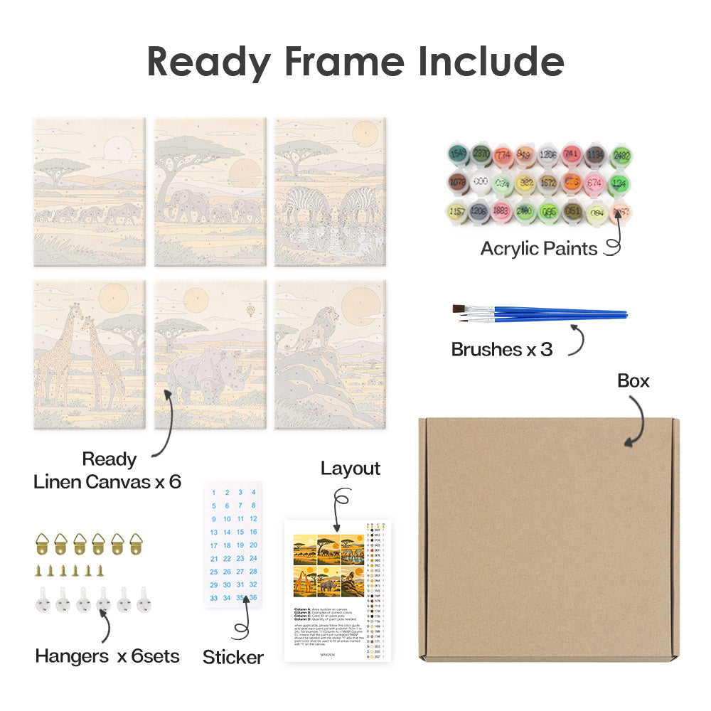 What's included pre-stretched on frame: six framed Safari Sunset mini canvases, paints, three brushes, hangers and layout