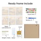 What's included pre-stretched on frame: six framed Safari Sunset mini canvases, paints, three brushes, hangers and layout