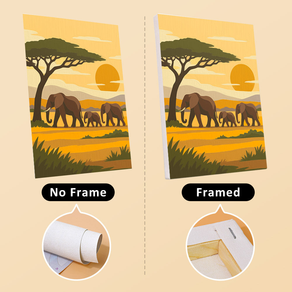 Safari Sunset mini canvas shown rolled without a frame and pre-stretched on a frame