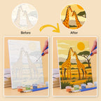 Before and after of a Safari Sunset mini paint by numbers canvas