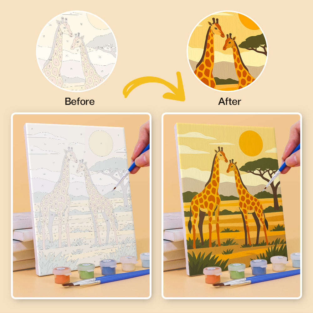 Before and after of a Safari Sunset mini paint by numbers canvas