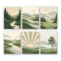 Sage Horizons mini paint by numbers set: six minimalist sage-green landscapes with rivers, rolling hills, a sunburst and a tree