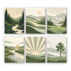 Sage Horizons mini paint by numbers set: six minimalist sage-green landscapes with rivers, rolling hills, a sunburst and a tree