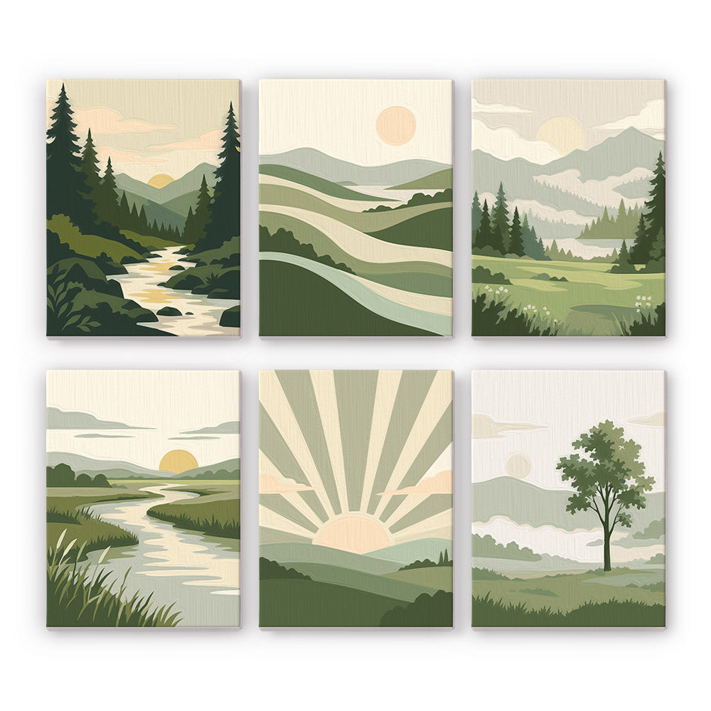 Sage Horizons mini paint by numbers set: six minimalist sage-green landscapes with rivers, rolling hills, a sunburst and a tree
