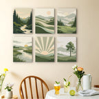 Sage Horizons mini paintings displayed as a gallery wall in a sunny kitchen
