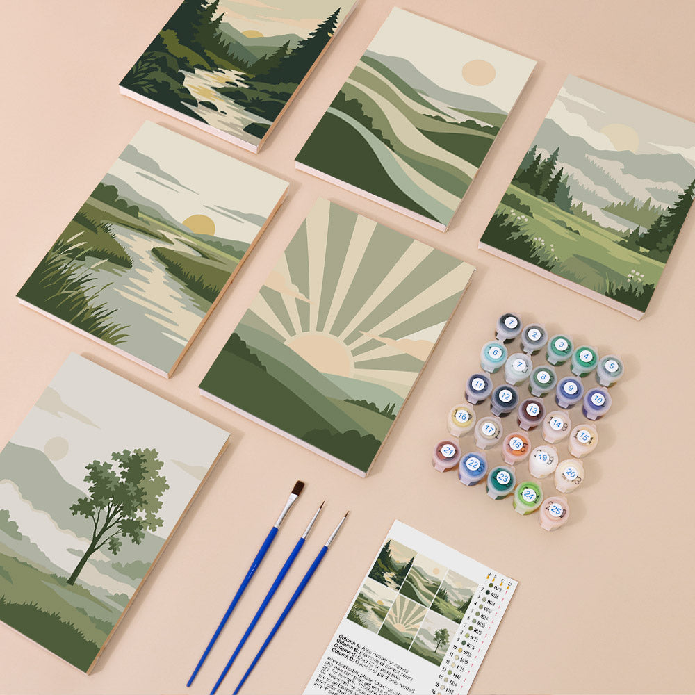 Sage Horizons mini paint by numbers kit with six numbered canvases, acrylic paints, brushes and layout