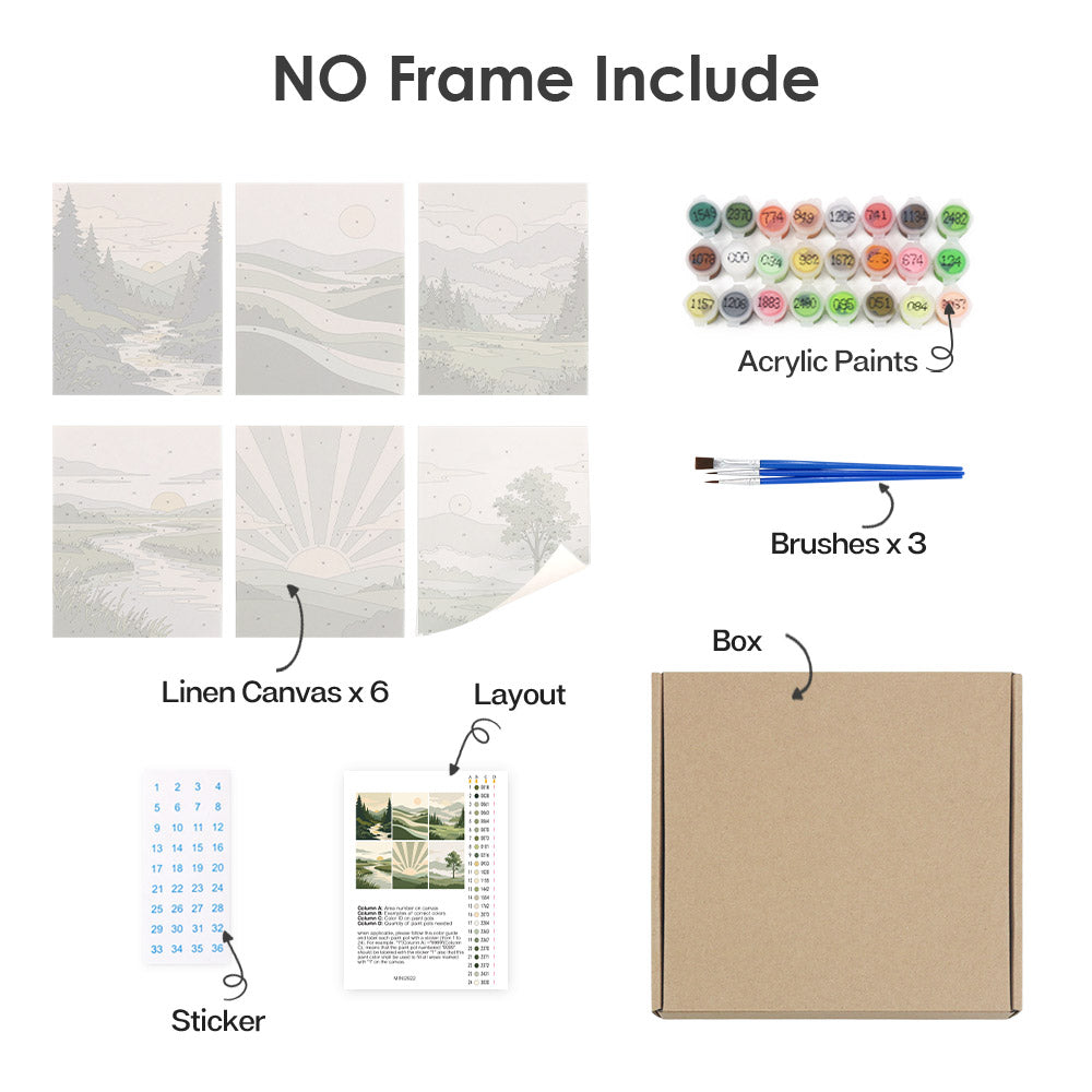 What's included without a frame: six rolled Sage Horizons mini canvases, acrylic paints, three brushes and layout