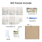 What's included without a frame: six rolled Sage Horizons mini canvases, acrylic paints, three brushes and layout
