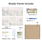 What's included pre-stretched on frame: six framed Sage Horizons mini canvases, paints, three brushes, hangers and layout