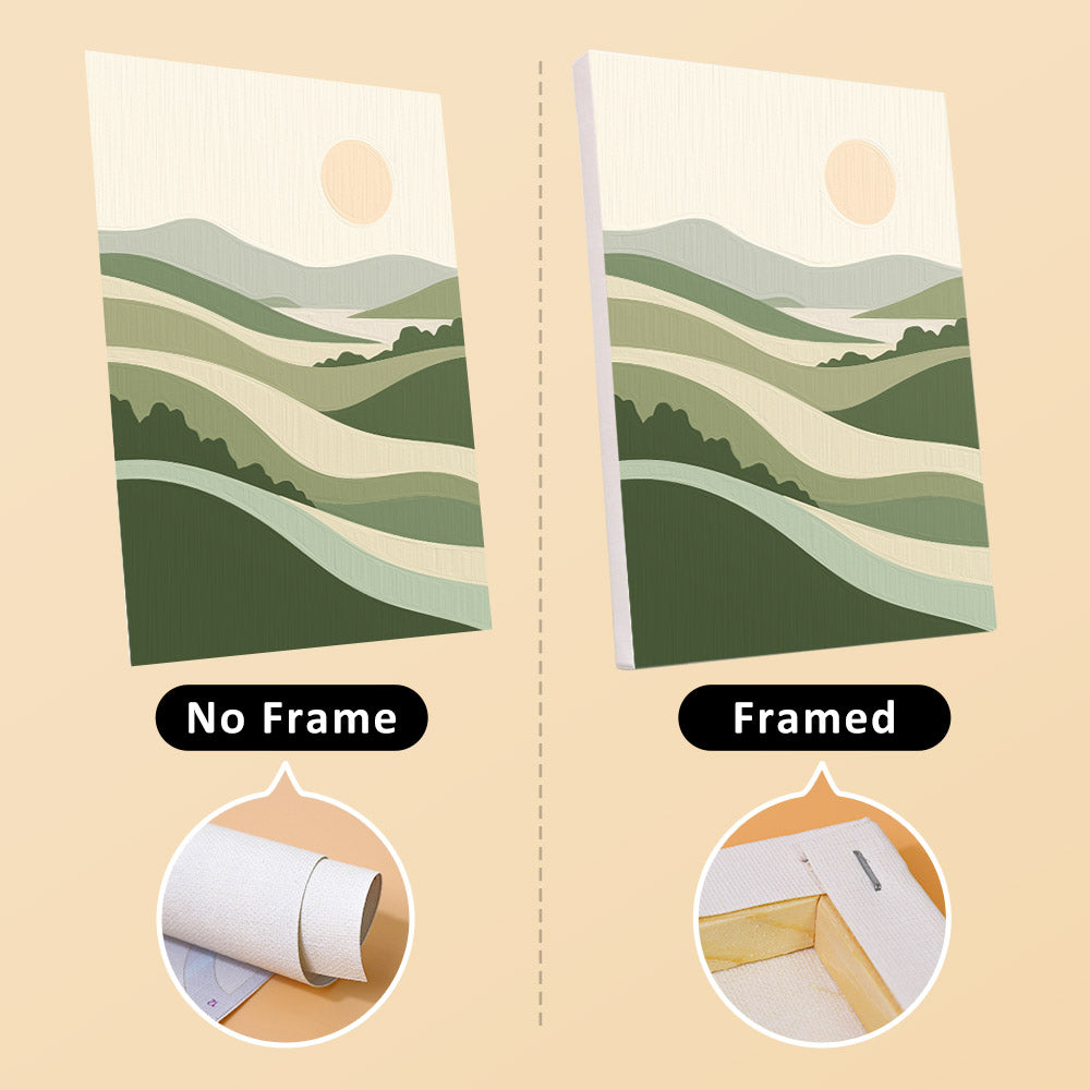 Sage Horizons mini canvas shown rolled without a frame and pre-stretched on a frame