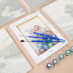 Numbered paint pots and brushes on a pre-stretched Sage Horizons mini canvas