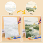 Before and after of a Sage Horizons mini paint by numbers canvas