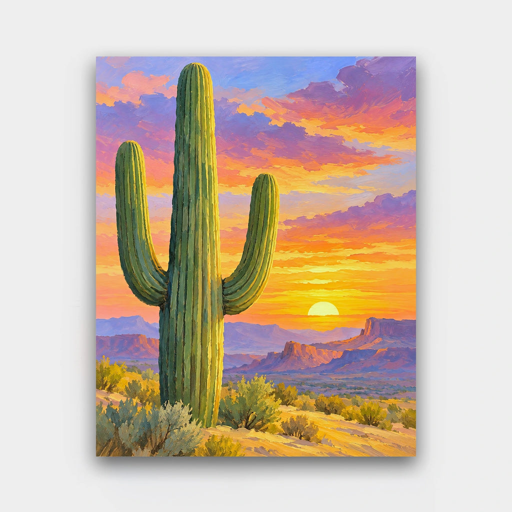 Saguaro at Sunset paint by numbers kit of a tall saguaro cactus against a sunset sky of orange, pink and purple