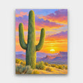 Saguaro at Sunset paint by numbers kit of a tall saguaro cactus against a sunset sky of orange, pink and purple