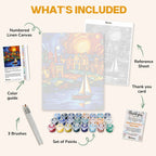 What's included in the Sailing Through Colors paint by numbers kit: numbered linen canvas, reference sheet, color guide, 24 acrylic paints, 3 brushes and thank you card