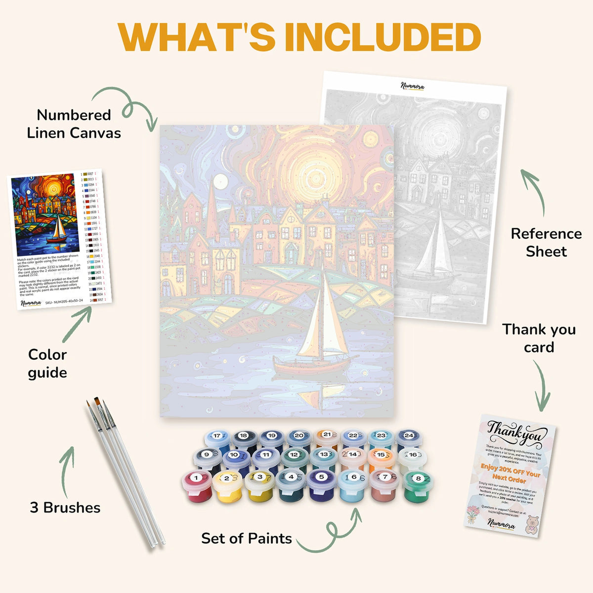 What's included in the Sailing Through Colors paint by numbers kit: numbered linen canvas, reference sheet, color guide, 24 acrylic paints, 3 brushes and thank you card
