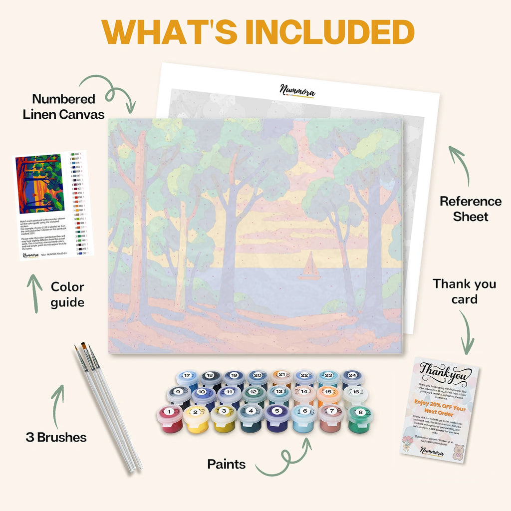 What's included in the Sailing Through Fauvist Dreams paint by numbers kit: numbered linen canvas, reference sheet, color guide, 24 acrylic paints, 3 brushes and thank you card