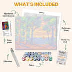 What's included in the Sailing Through Fauvist Dreams paint by numbers kit: numbered linen canvas, reference sheet, color guide, 24 acrylic paints, 3 brushes and thank you card