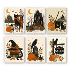 Salem Black Cat Autumn mini paint by numbers set: six witchy autumn vignettes with black cats, a haunted house, cauldron, witch hat, crow and a Salem sign