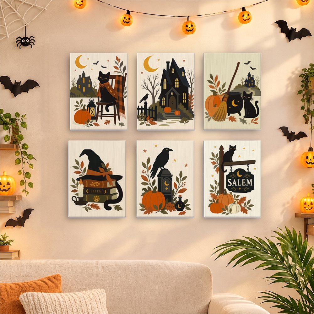 Six finished Salem Black Cat Autumn mini paintings hung on a wall above a table