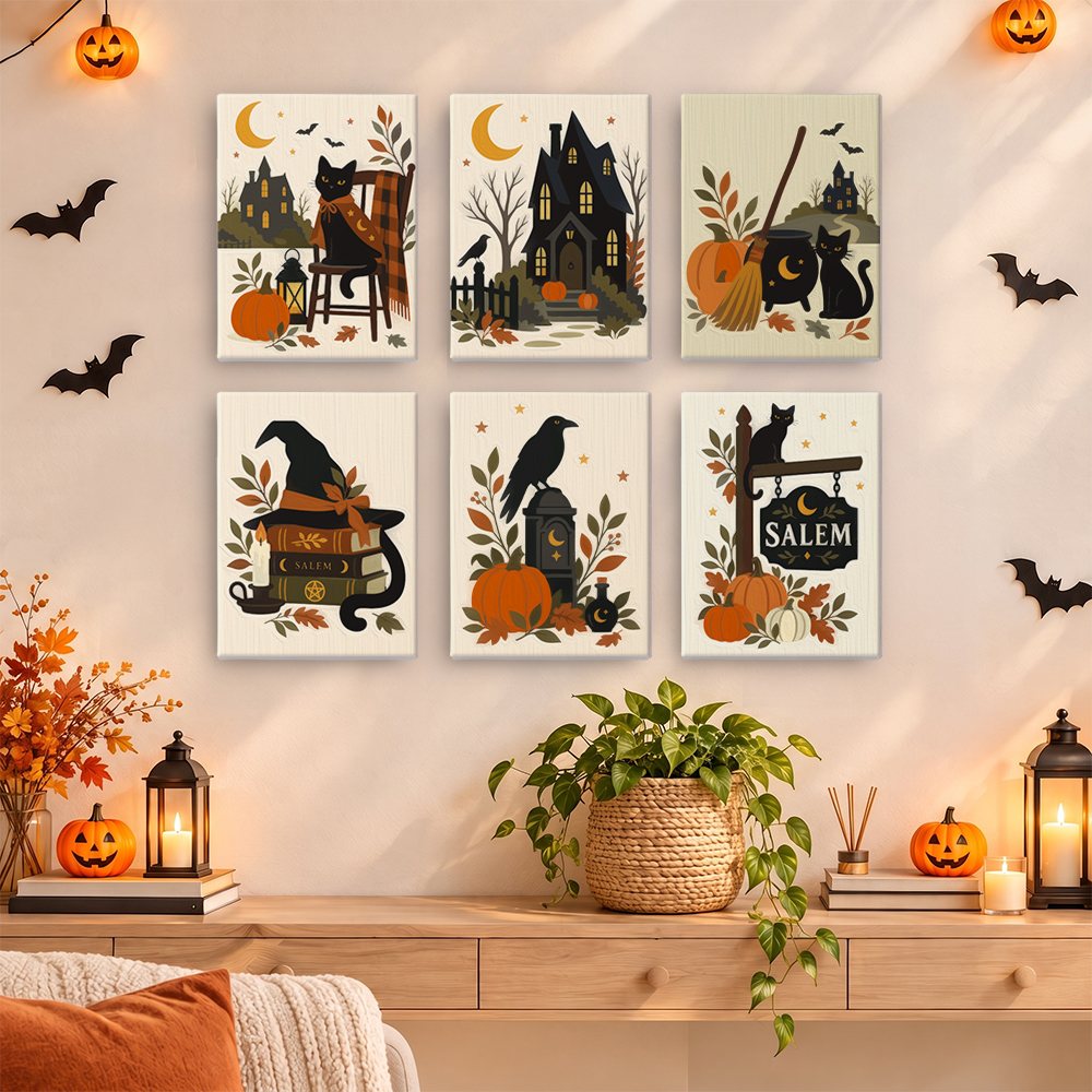 Salem Black Cat Autumn mini paintings displayed as a gallery wall in a sunny kitchen