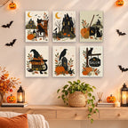 Salem Black Cat Autumn mini paintings displayed as a gallery wall in a sunny kitchen