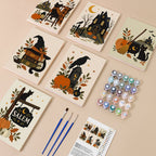 Salem Black Cat Autumn mini paint by numbers kit with six numbered canvases, acrylic paints, brushes and layout