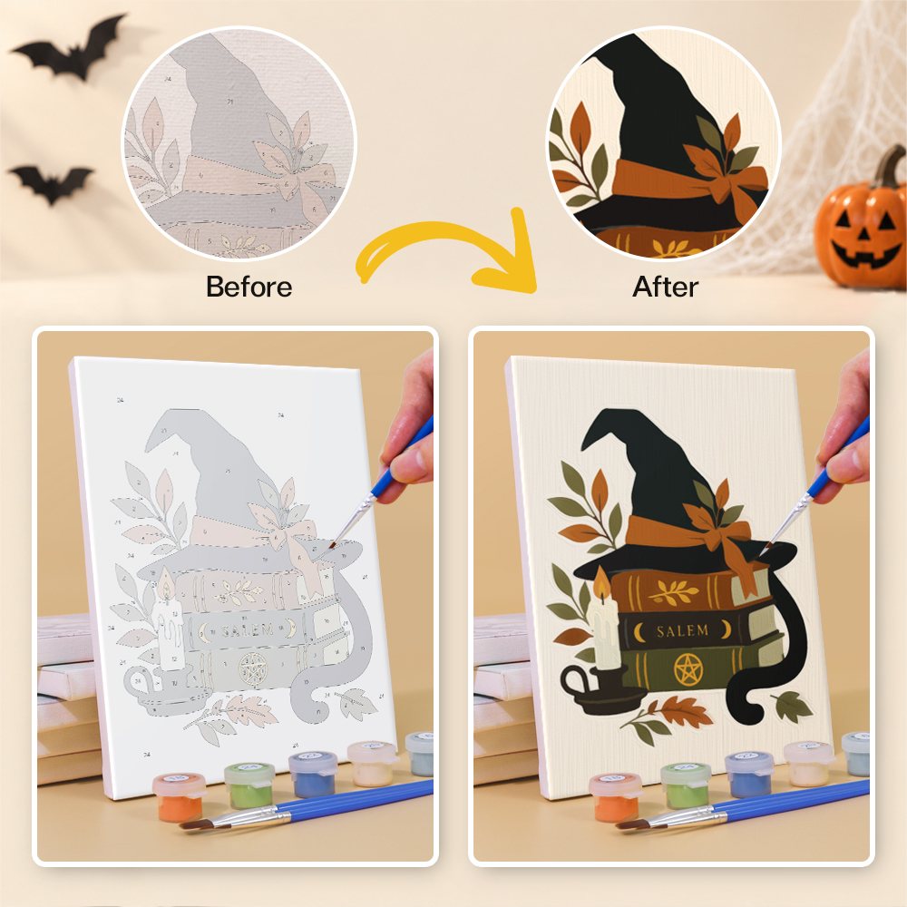 Before and after of a Salem Black Cat Autumn mini paint by numbers canvas