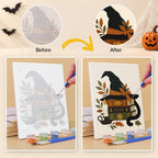 Before and after of a Salem Black Cat Autumn mini paint by numbers canvas