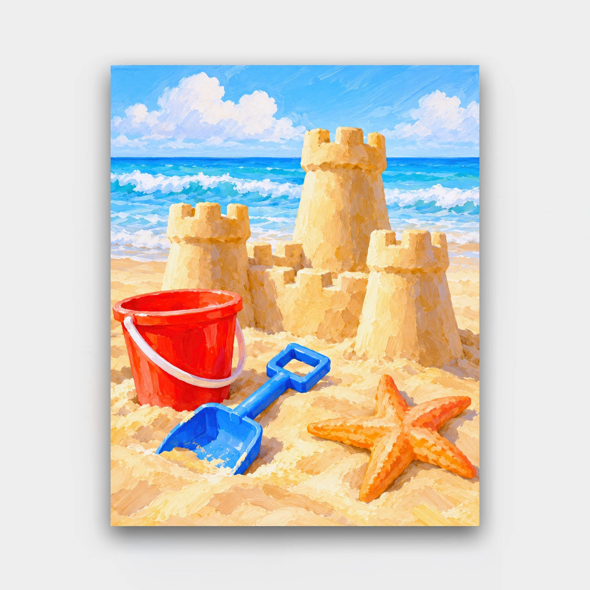 Sandcastle Summer paint by numbers kit of a sandcastle with a red bucket, blue spade and starfish by the sea