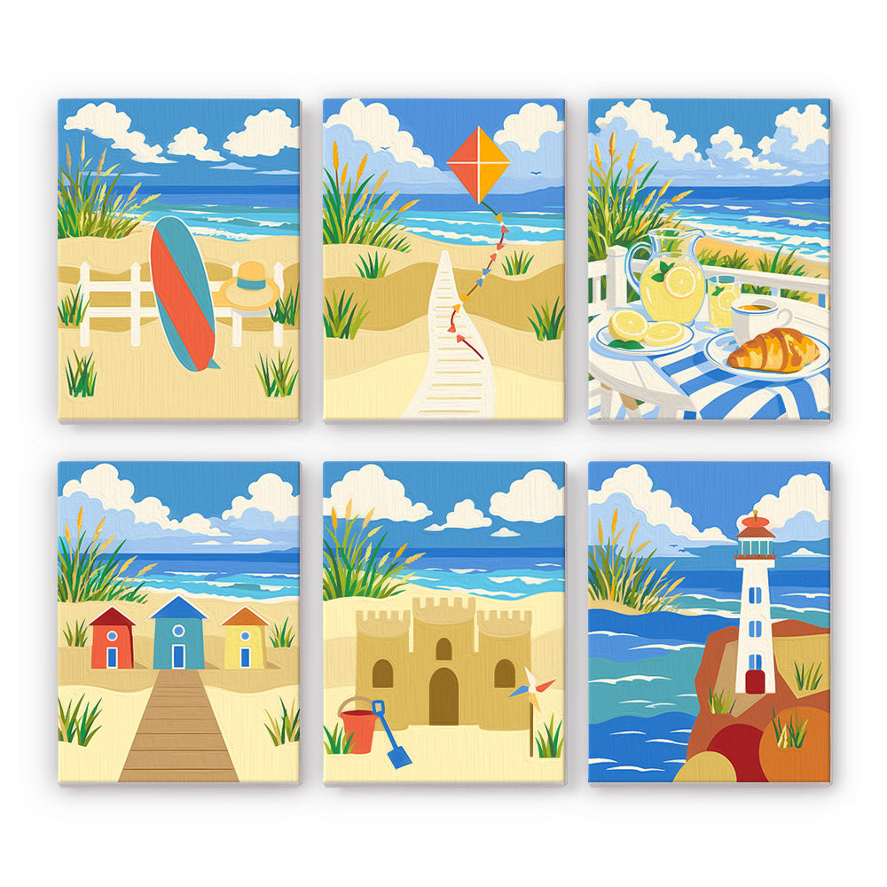 Sandy Summer mini paint by numbers set: six designs of a surfboard, kite, lemonade, beach huts, sandcastle and lighthouse