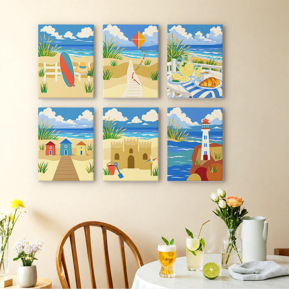 Sandy Summer mini paintings displayed as a gallery wall in a sunny kitchen