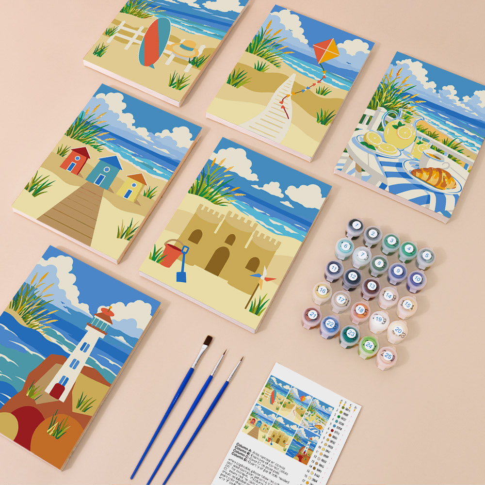 Sandy Summer mini paint by numbers kit with six numbered canvases, acrylic paints, brushes and layout