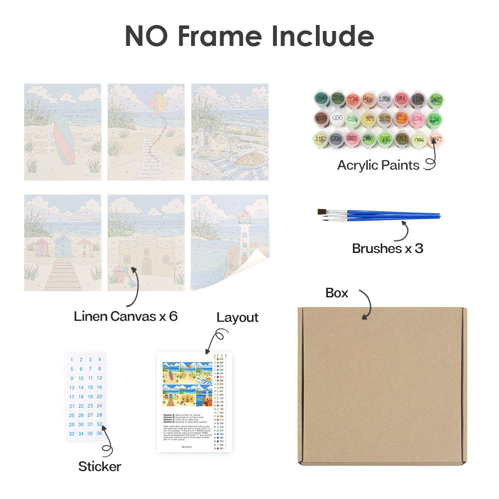What's included without a frame: six rolled Sandy Summer mini canvases, acrylic paints, three brushes and layout