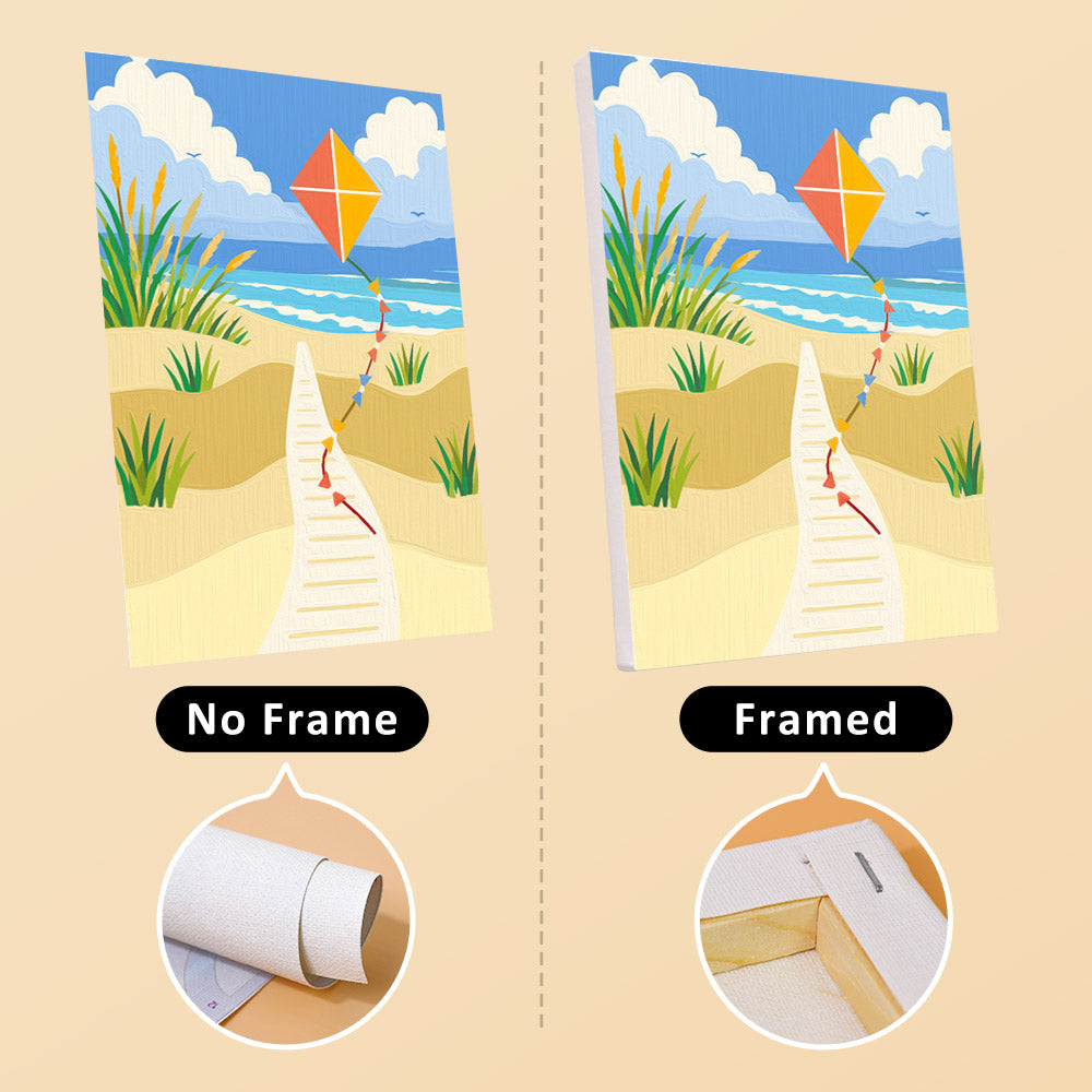 Sandy Summer mini canvas shown rolled without a frame and pre-stretched on a frame