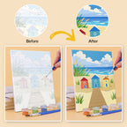 Before and after of a Sandy Summer mini paint by numbers canvas