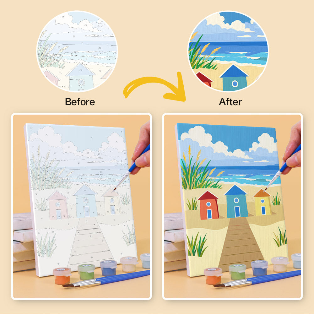 Before and after of a Sandy Summer mini paint by numbers canvas