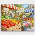 Saturday Farmers Market paint by numbers kit of farmers market stalls with striped awnings, crates of tomatoes, peppers and flowers