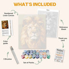 What's included in the Savannah Majesty paint by numbers kit: numbered linen canvas, reference sheet, color guide, 24 acrylic paints, 3 brushes and thank you card