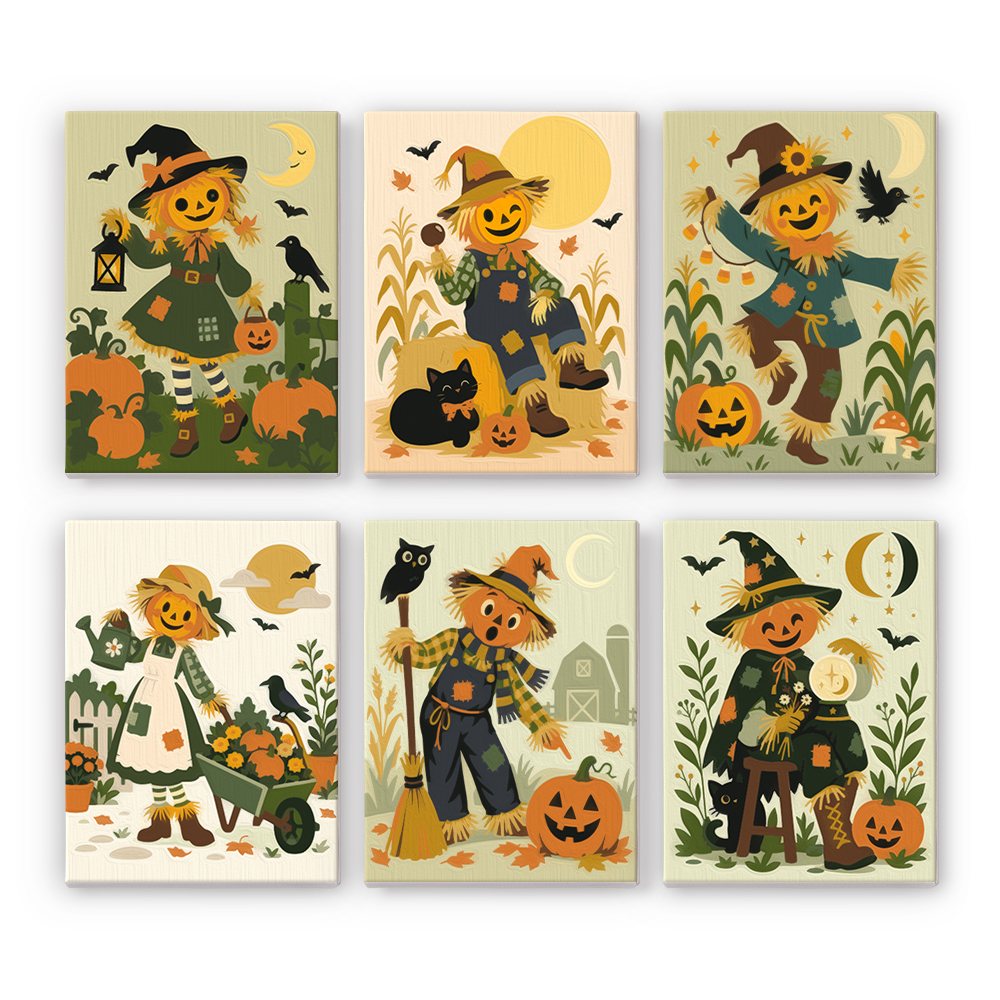 Scarecrow Harvest Friends mini paint by numbers set: six friendly scarecrows standing in autumn pumpkin fields