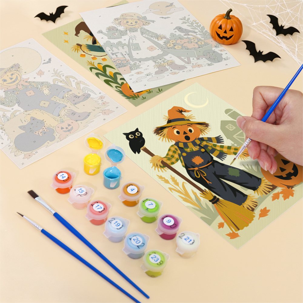 Filling in a Scarecrow Harvest Friends mini canvas with numbered acrylic paints and a fine brush