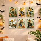 Six finished Scarecrow Harvest Friends mini paintings hung on a wall above a table