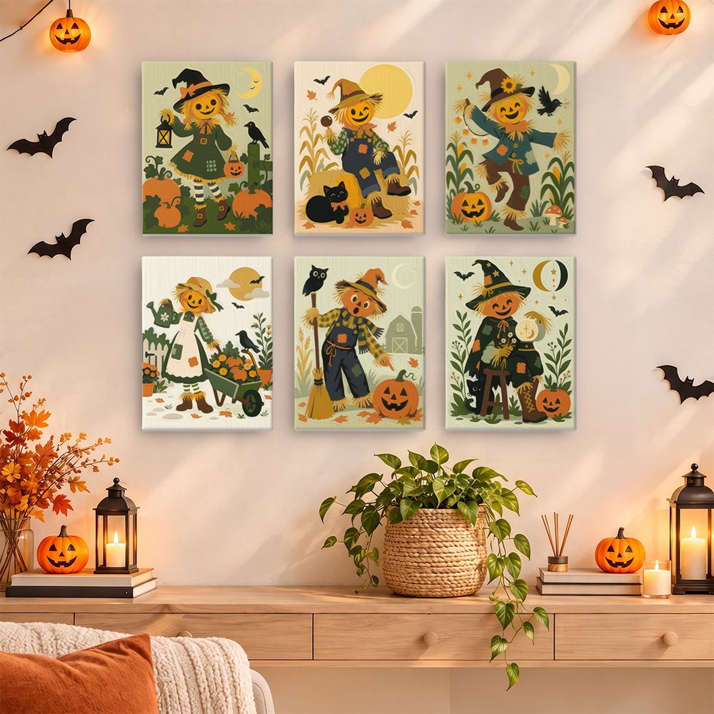 Scarecrow Harvest Friends mini paintings displayed as a gallery wall in a sunny kitchen