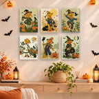 Scarecrow Harvest Friends mini paintings displayed as a gallery wall in a sunny kitchen