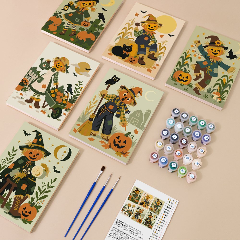 Scarecrow Harvest Friends mini paint by numbers kit with six numbered canvases, acrylic paints, brushes and layout