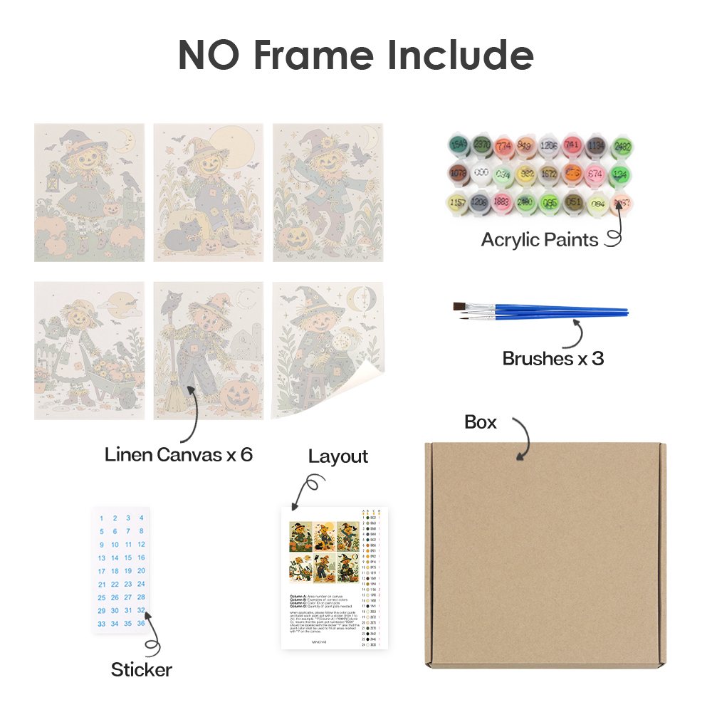 What's included without a frame: six rolled Scarecrow Harvest Friends mini canvases, acrylic paints, three brushes and layout